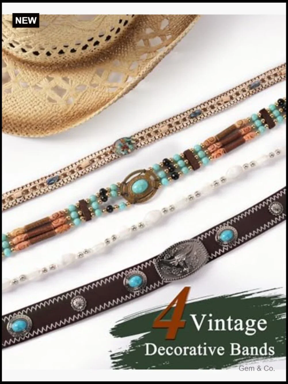 Straw Cowboy Hat with 4 Interchangeable Bands, Wide Brim, Adjustable